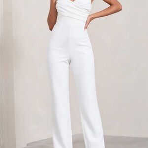 Lulus NWT White Strapless Cowl Neck Wide Leg Jumpsuit M Bridal Bachelorette